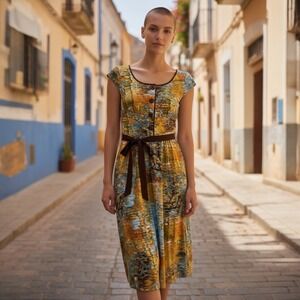 RETROLICIOUS Abstract‎ Print Cap Sleeve Midi Dress Brown Belt XS